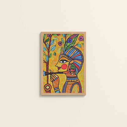 Wall View of The Flute Player in Madhubani Art – Colorful Wall Frame in Natrual Color Frame