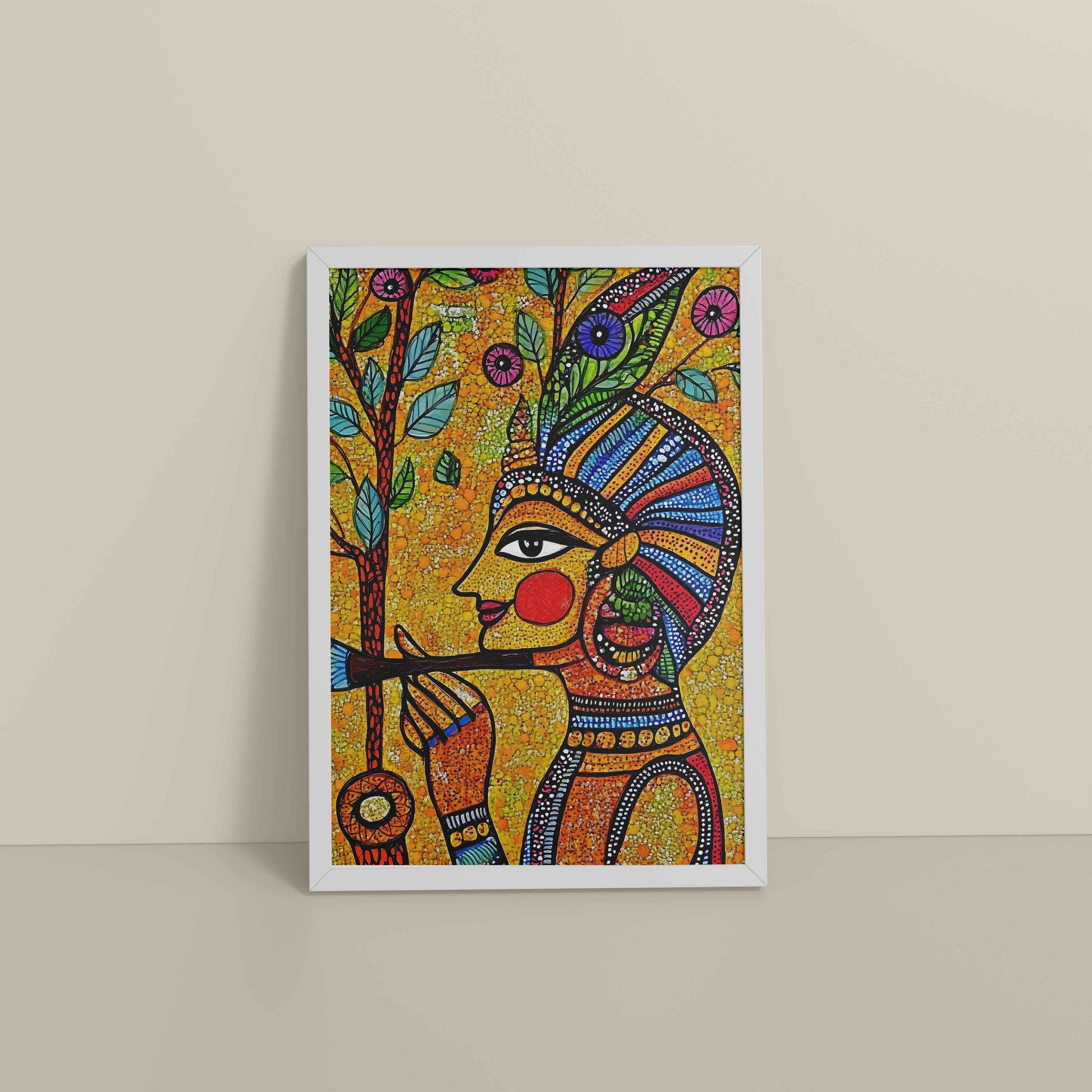 Floor View of The Flute Player in Madhubani Art – Colorful Wall Frame in White Color Frame