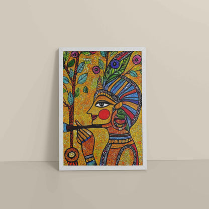 Floor View of The Flute Player in Madhubani Art – Colorful Wall Frame in White Color Frame