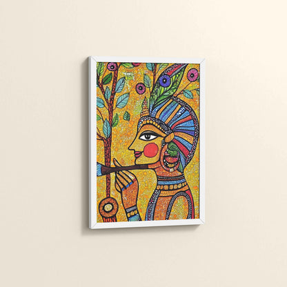 Side View of The Flute Player in Madhubani Art – Colorful Wall Frame in White Color Frame