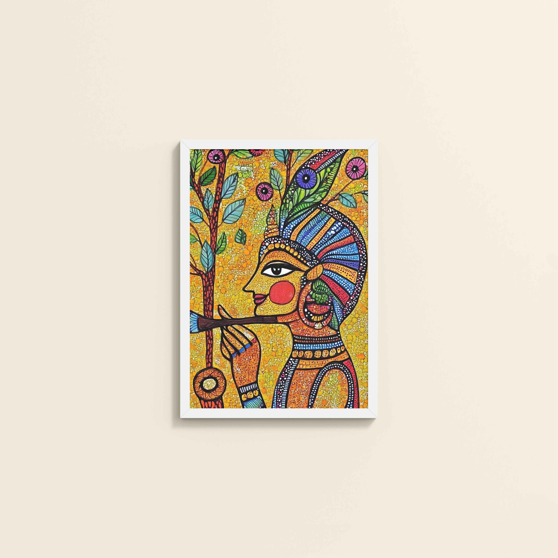 Wall View of The Flute Player in Madhubani Art – Colorful Wall Frame in White Color Frame