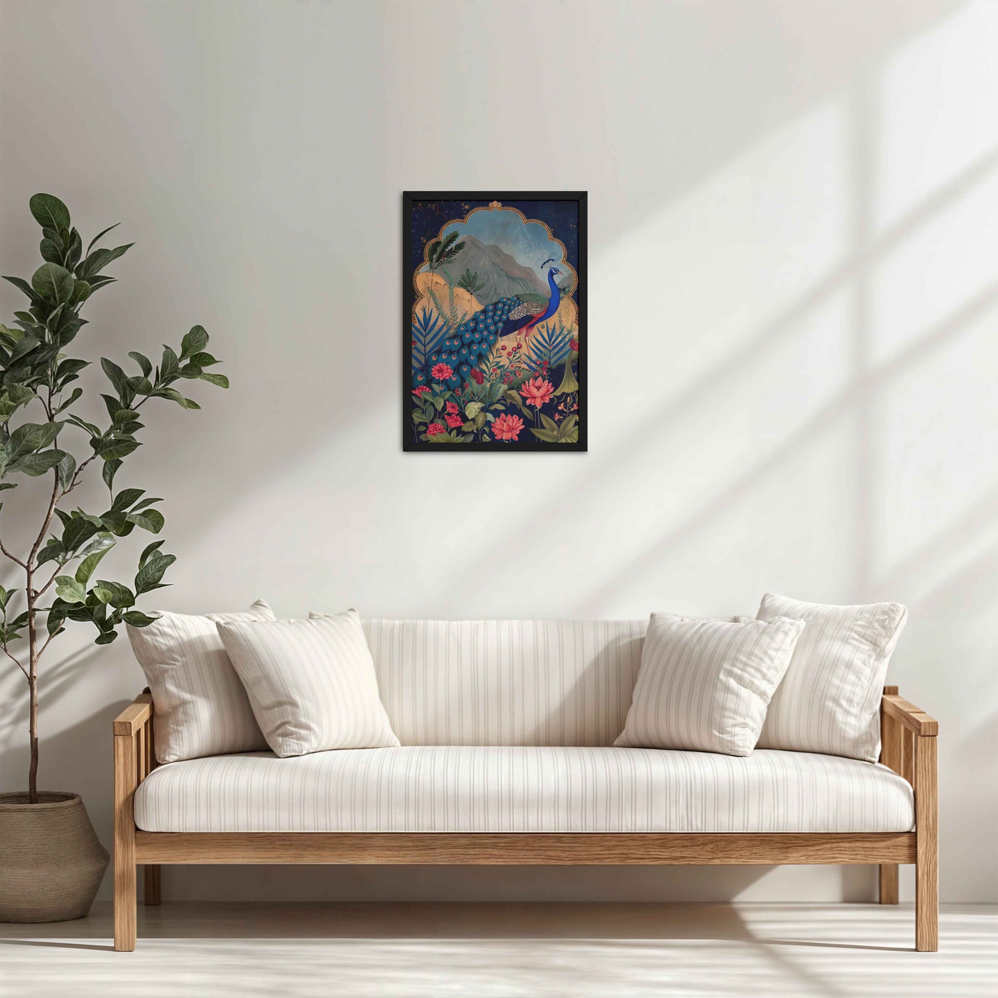 Living Room Cabinet Table Preview of Colorful Peacock in Madhubani Style – Nature-Inspired Wall Decor in Black Color Frame