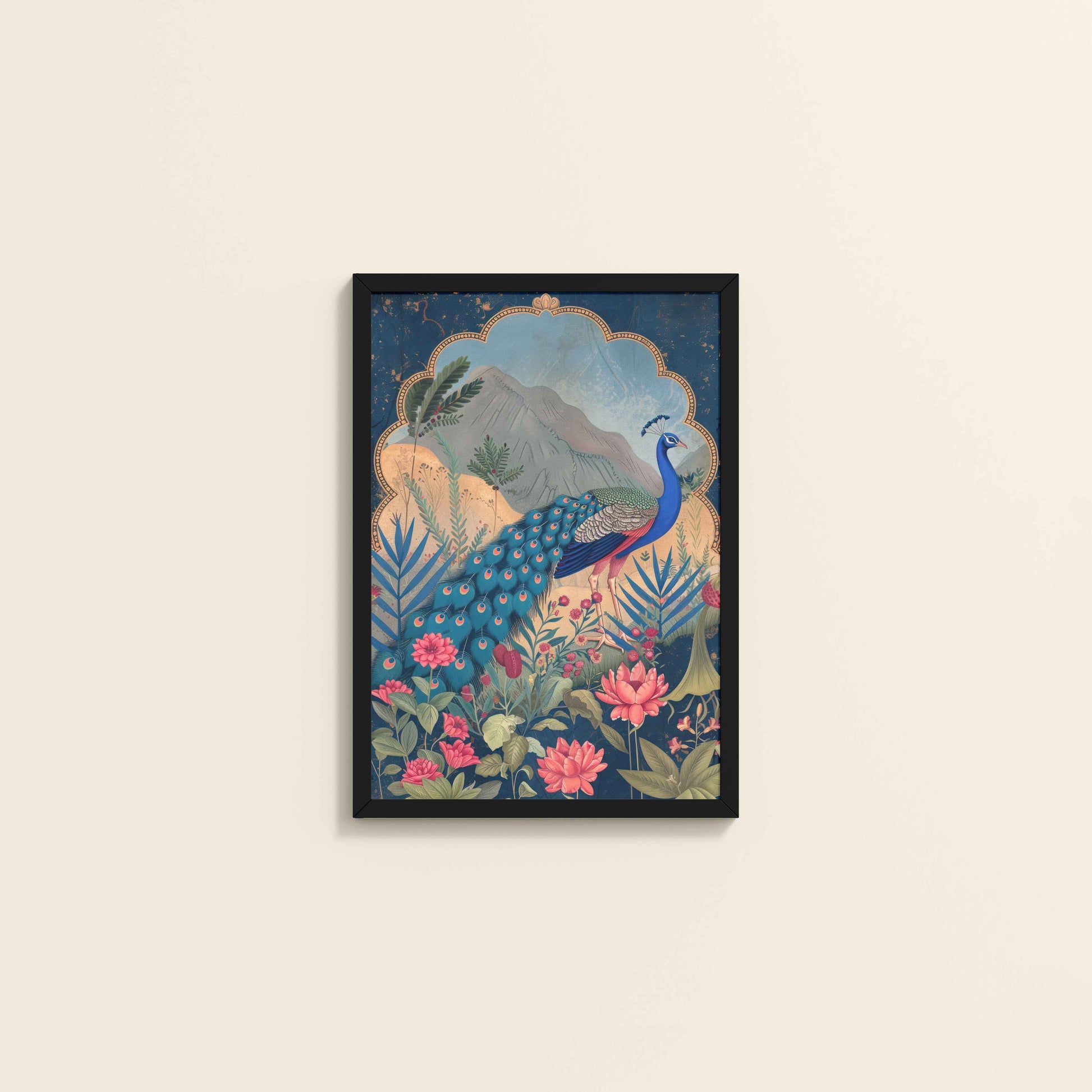 Wall View of Colorful Peacock in Madhubani Style – Nature-Inspired Wall Decor in Black Color Frame