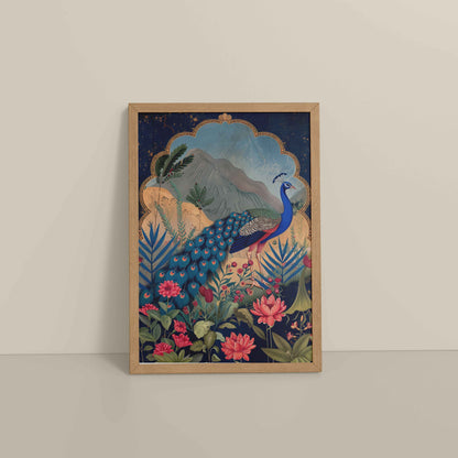 Floor View of Colorful Peacock in Madhubani Style – Nature-Inspired Wall Decor in Natrual Color Frame