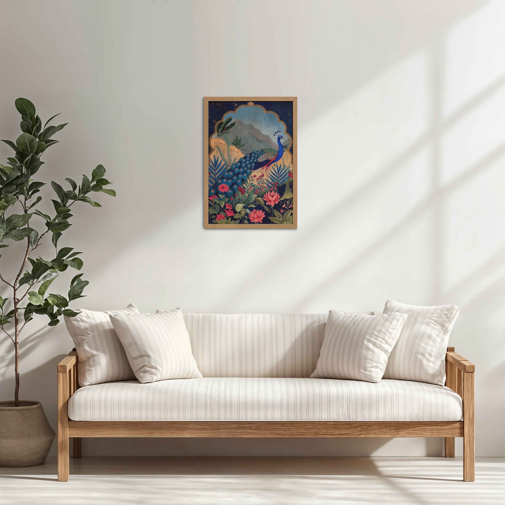 Living Room Cabinet Table Preview of Colorful Peacock in Madhubani Style – Nature-Inspired Wall Decor in Natrual Color Frame