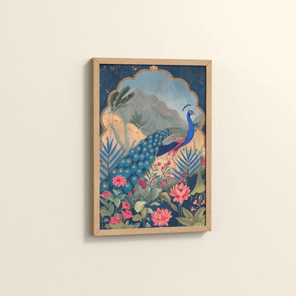 Side View of Colorful Peacock in Madhubani Style – Nature-Inspired Wall Decor in Natrual Color Frame
