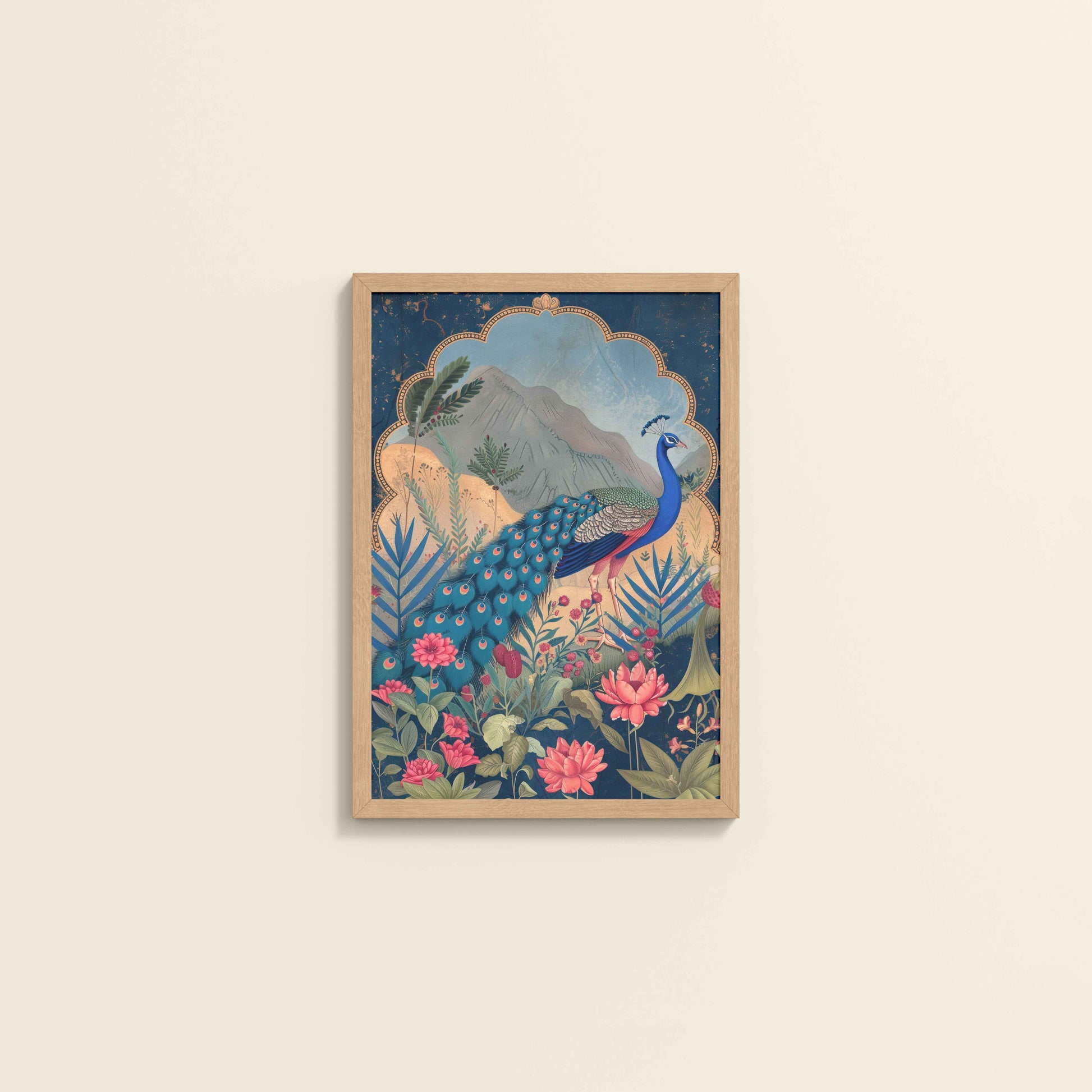 Wall View of Colorful Peacock in Madhubani Style – Nature-Inspired Wall Decor in Natrual Color Frame