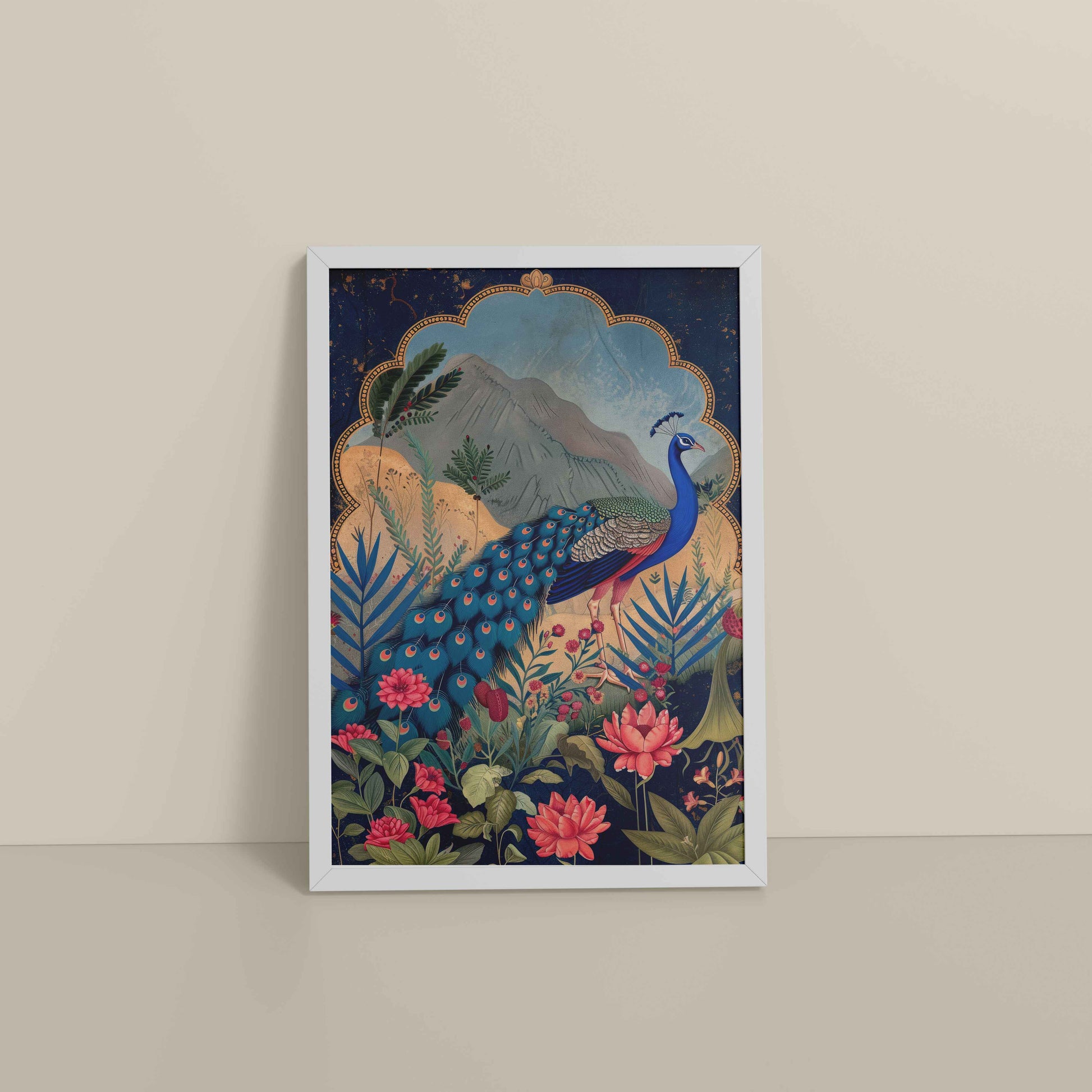 Floor View of Colorful Peacock in Madhubani Style – Nature-Inspired Wall Decor in White Color Frame
