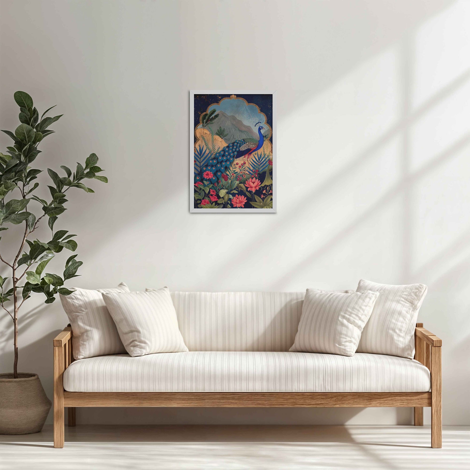 Living Room Cabinet Table Preview of Colorful Peacock in Madhubani Style – Nature-Inspired Wall Decor in White Color Frame