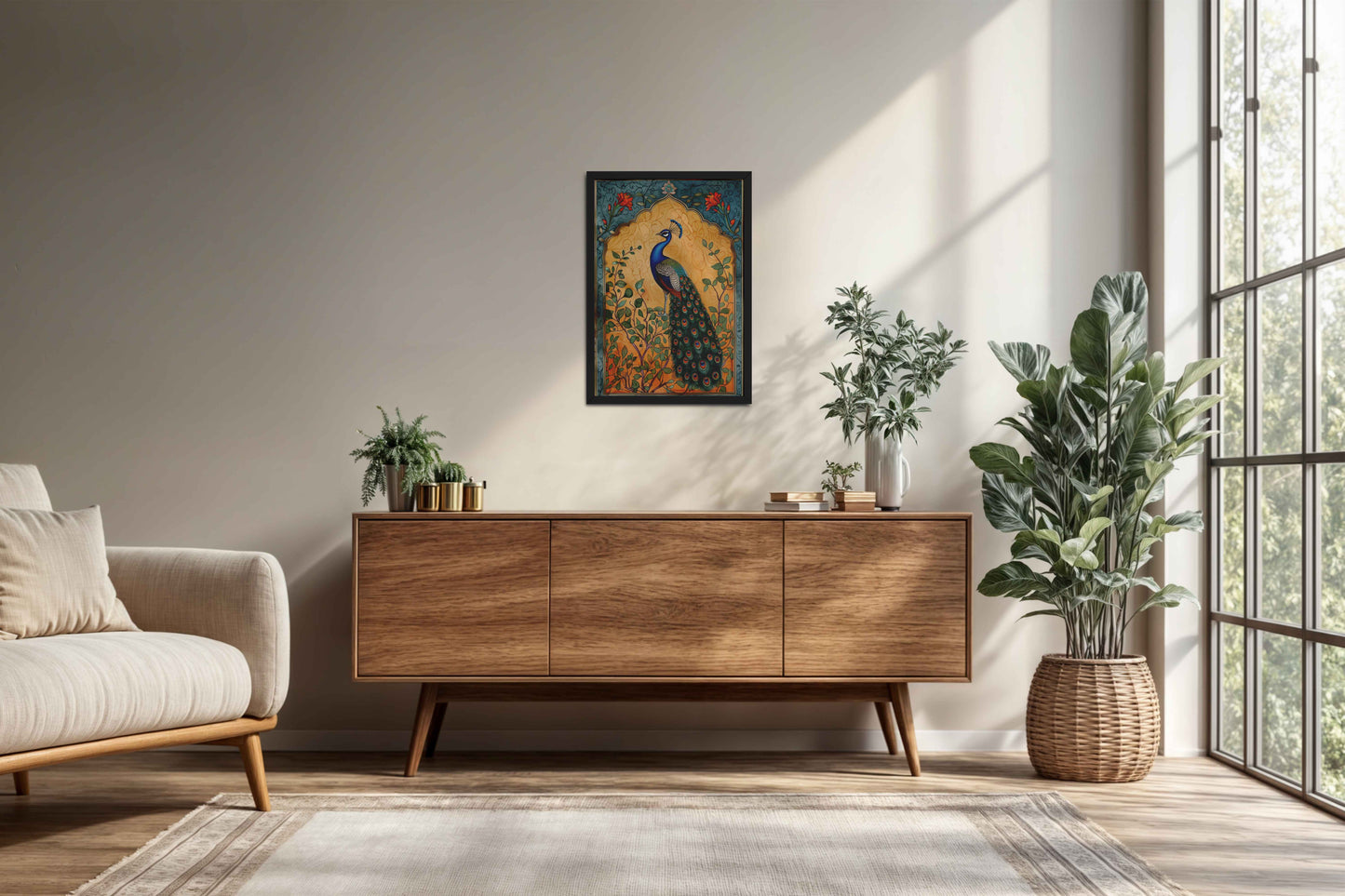 Living Room Cabinet Preview of Graceful Peacock on Tree – Traditional Madhubani Wall Art Frame in Black Color Frame