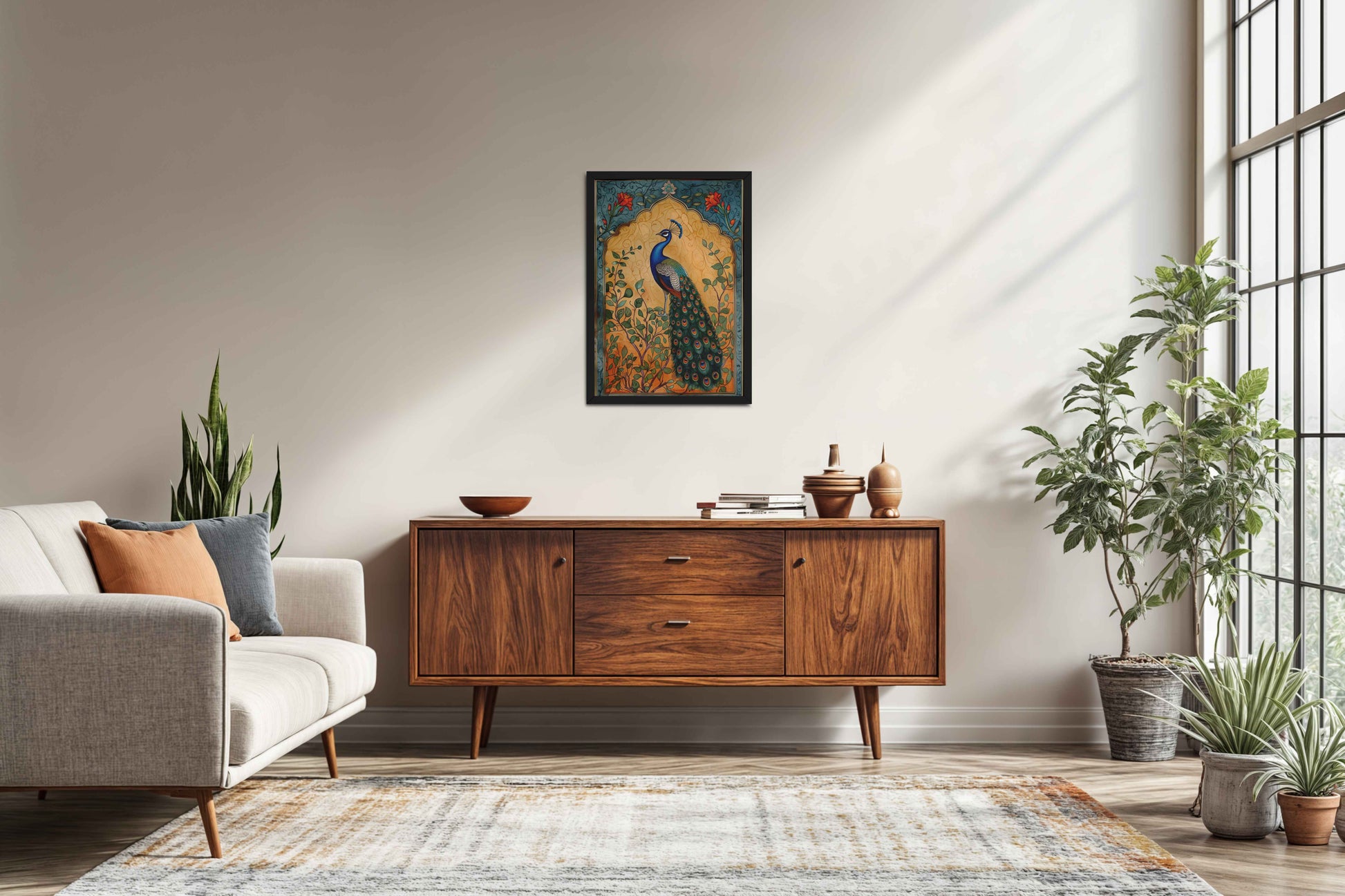 Living Room Sofa Preview of Graceful Peacock on Tree – Traditional Madhubani Wall Art Frame in Black Color Frame
