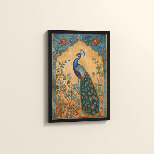 Side View of Graceful Peacock on Tree – Traditional Madhubani Wall Art Frame in Black Color Frame