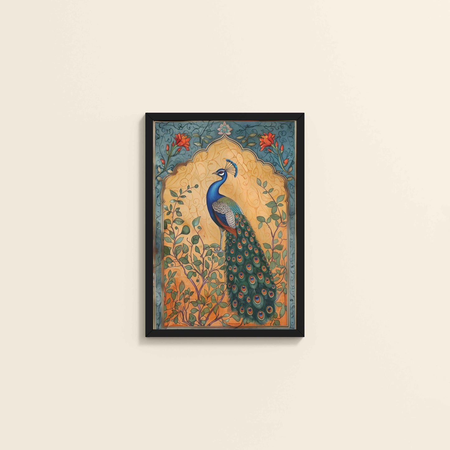 Wall View of Graceful Peacock on Tree – Traditional Madhubani Wall Art Frame in Black Color Frame