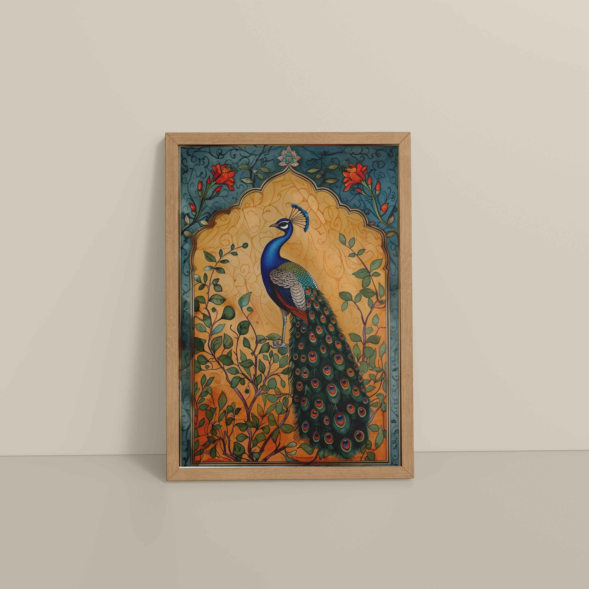 Floor View of Graceful Peacock on Tree – Traditional Madhubani Wall Art Frame in Natrual Color Frame