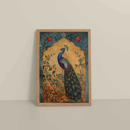 Floor View of Graceful Peacock on Tree – Traditional Madhubani Wall Art Frame in Natrual Color Frame