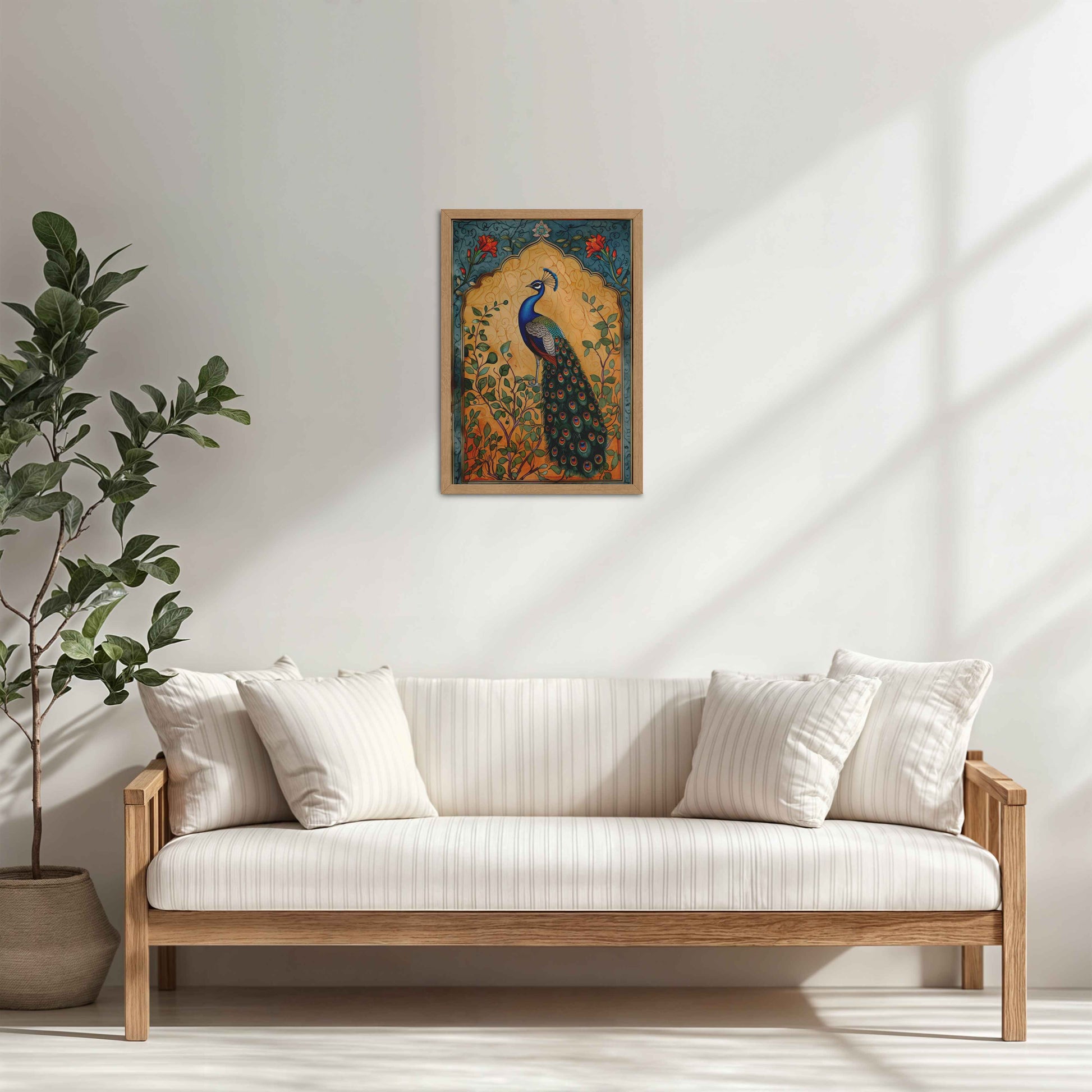 Living Room Cabinet Table Preview of Graceful Peacock on Tree – Traditional Madhubani Wall Art Frame in Natrual Color Frame