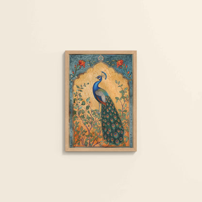 Wall View of Graceful Peacock on Tree – Traditional Madhubani Wall Art Frame in Natrual Color Frame