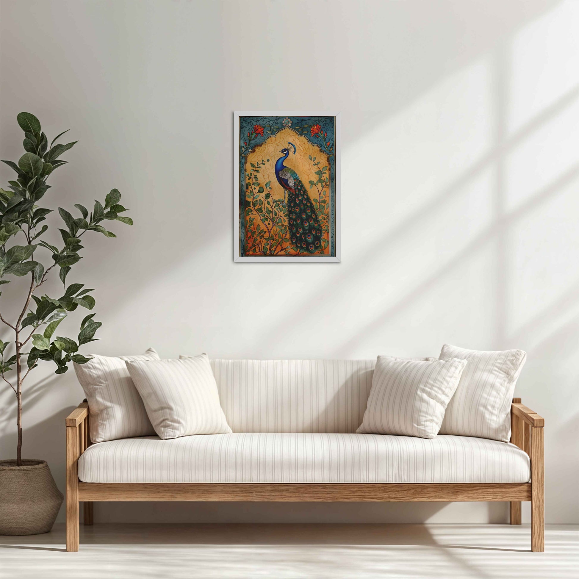 Living Room Cabinet Table Preview of Graceful Peacock on Tree – Traditional Madhubani Wall Art Frame in White Color Frame