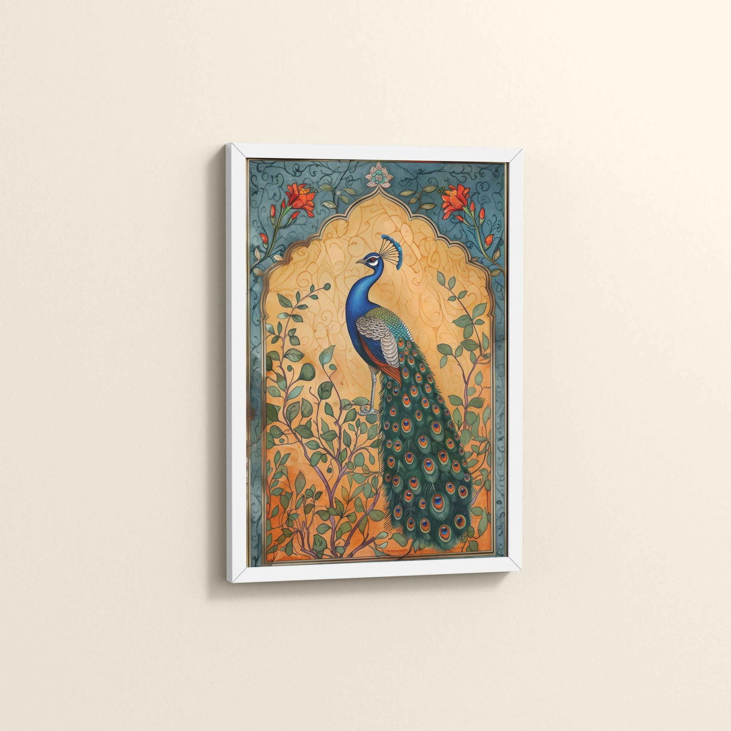 Side View of Graceful Peacock on Tree – Traditional Madhubani Wall Art Frame in White Color Frame