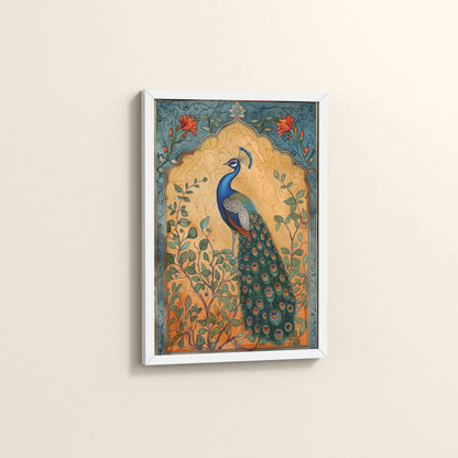 Side View of Graceful Peacock on Tree – Traditional Madhubani Wall Art Frame in White Color Frame