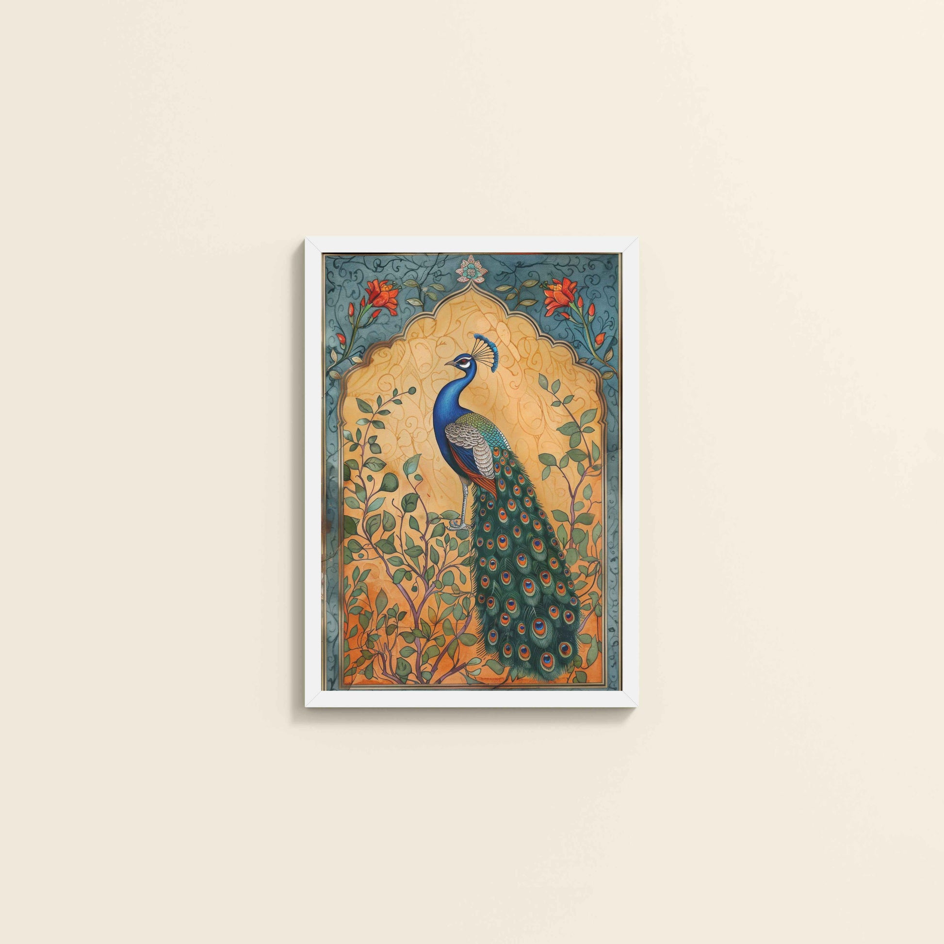 Wall View of Graceful Peacock on Tree – Traditional Madhubani Wall Art Frame in White Color Frame