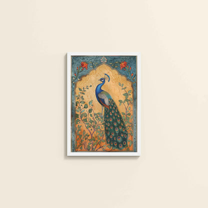 Wall View of Graceful Peacock on Tree – Traditional Madhubani Wall Art Frame in White Color Frame