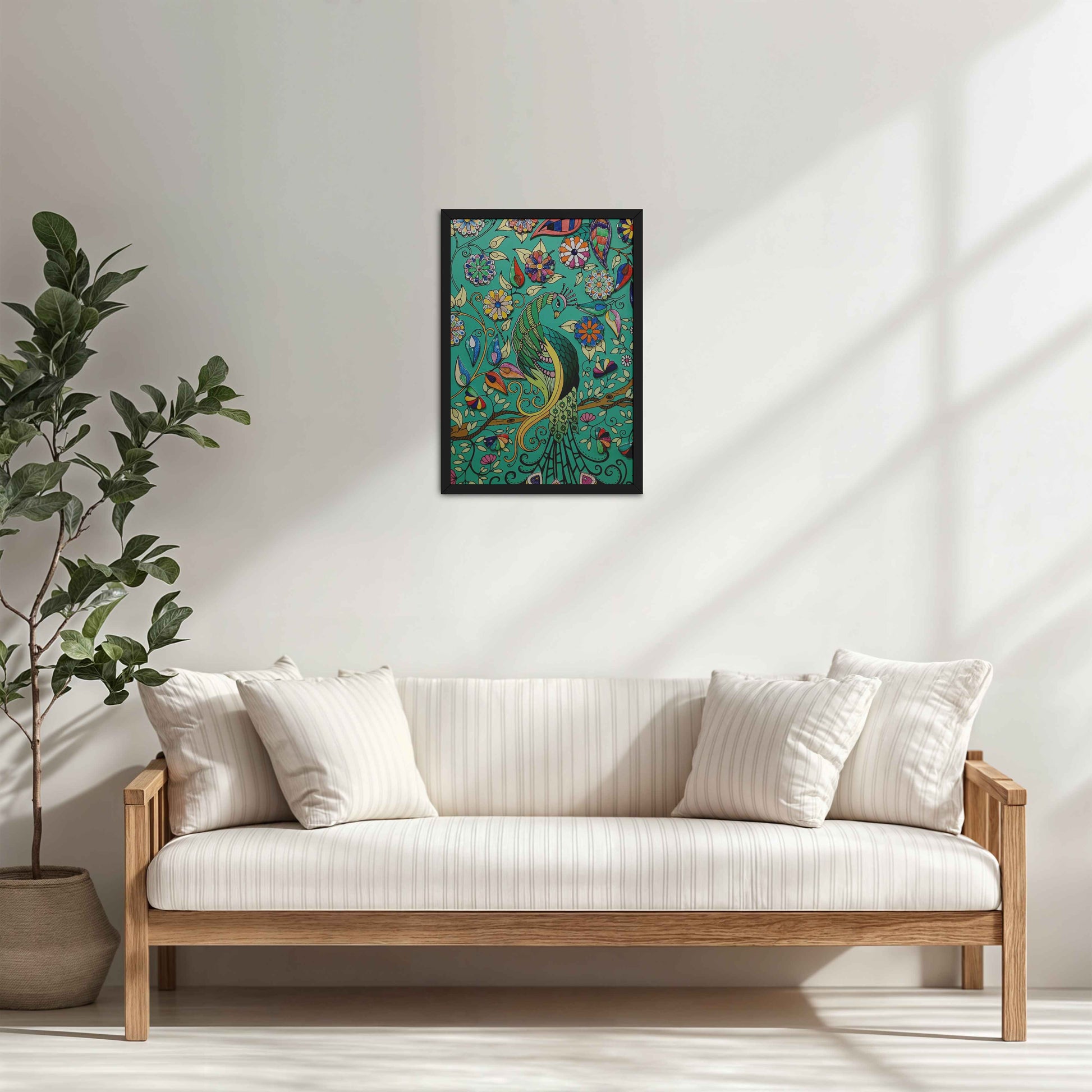 Living Room Cabinet Table Preview of Peacock in Bloom – Madhubani Style Wall Art & Decor in Black Color Frame