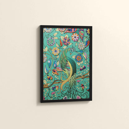 Side View of Peacock in Bloom – Madhubani Style Wall Art & Decor in Black Color Frame