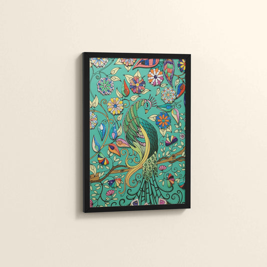 Side View of Peacock in Bloom – Madhubani Style Wall Art & Decor in Black Color Frame