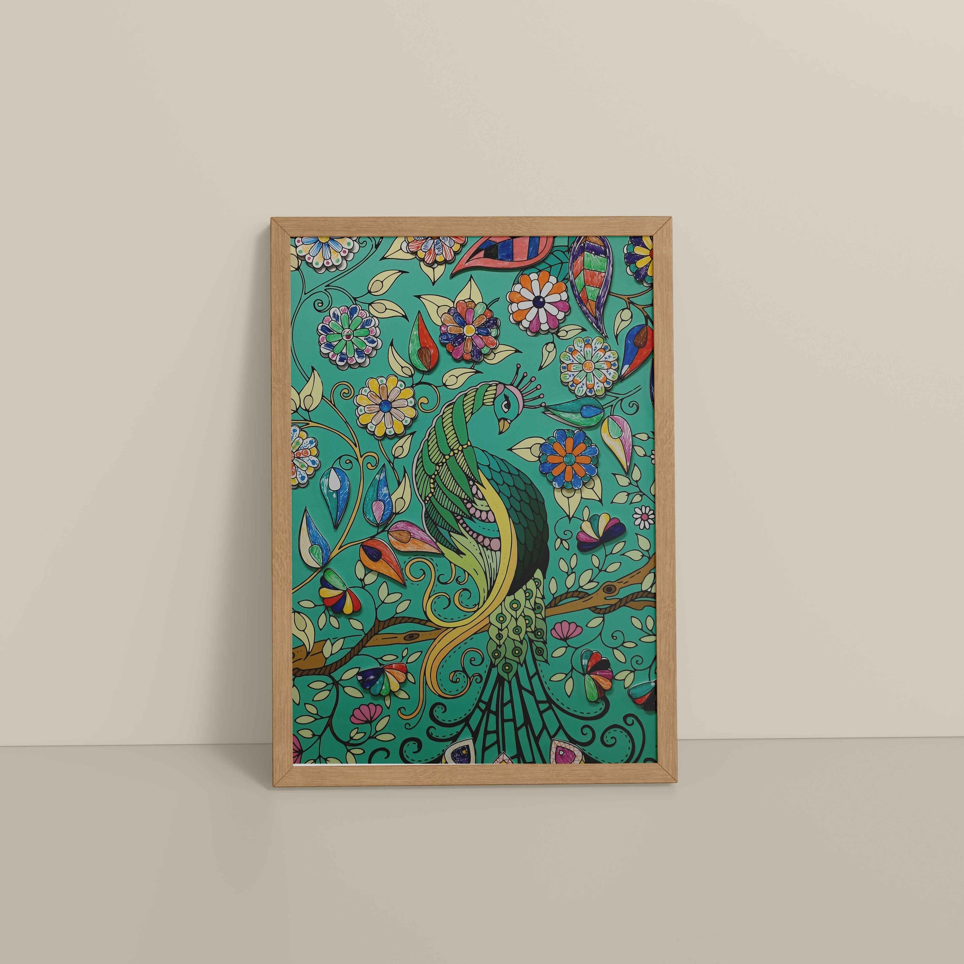 Floor View of Peacock in Bloom – Madhubani Style Wall Art & Decor in Natrual Color Frame