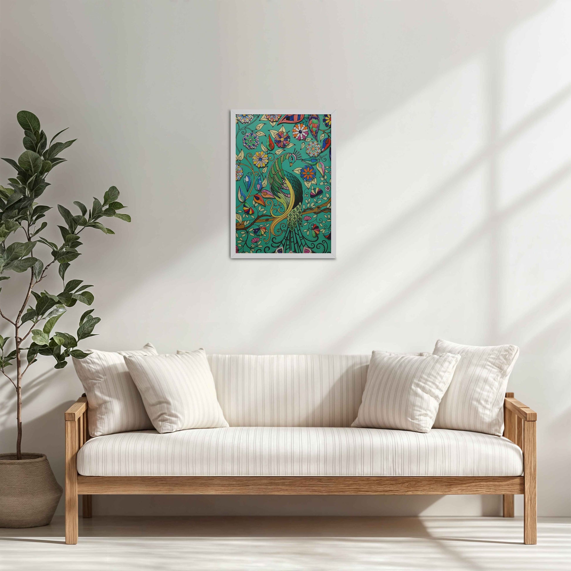 Living Room Cabinet Table Preview of Peacock in Bloom – Madhubani Style Wall Art & Decor in White Color Frame