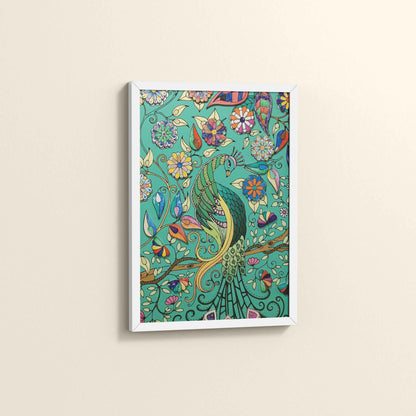 Side View of Peacock in Bloom – Madhubani Style Wall Art & Decor in White Color Frame