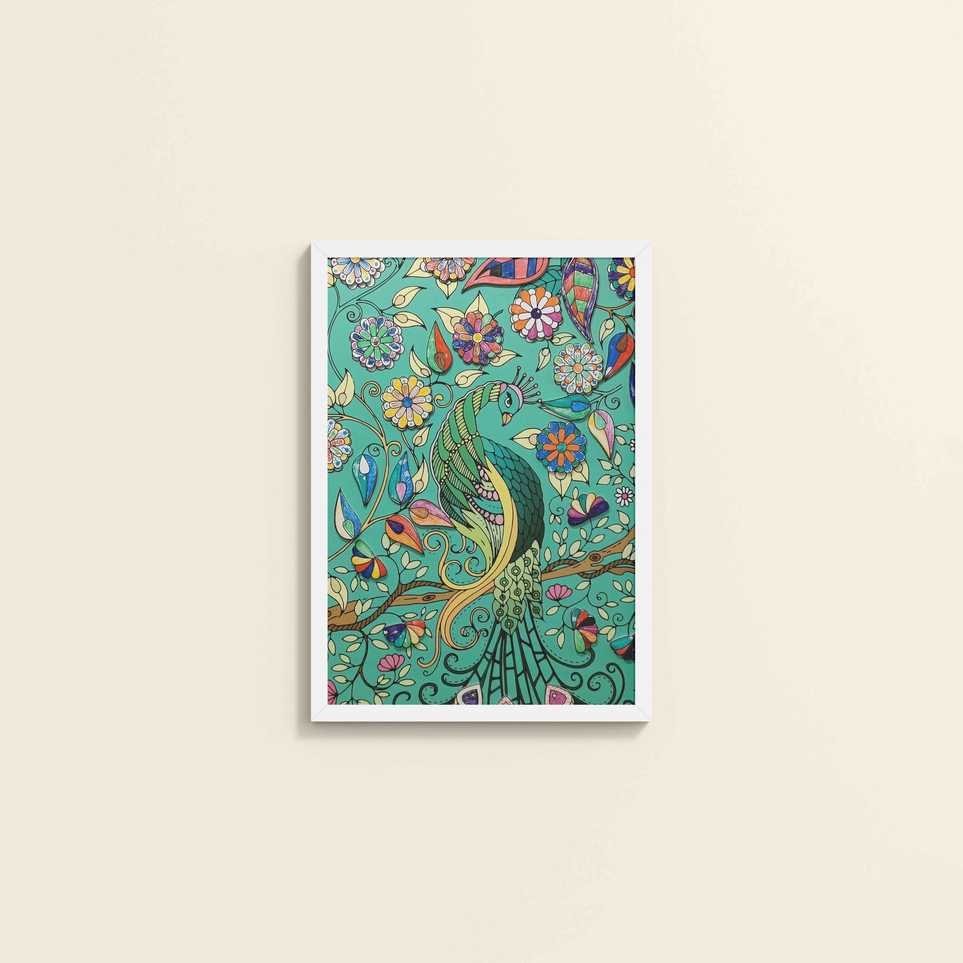 Wall View of Peacock in Bloom – Madhubani Style Wall Art & Decor in White Color Frame