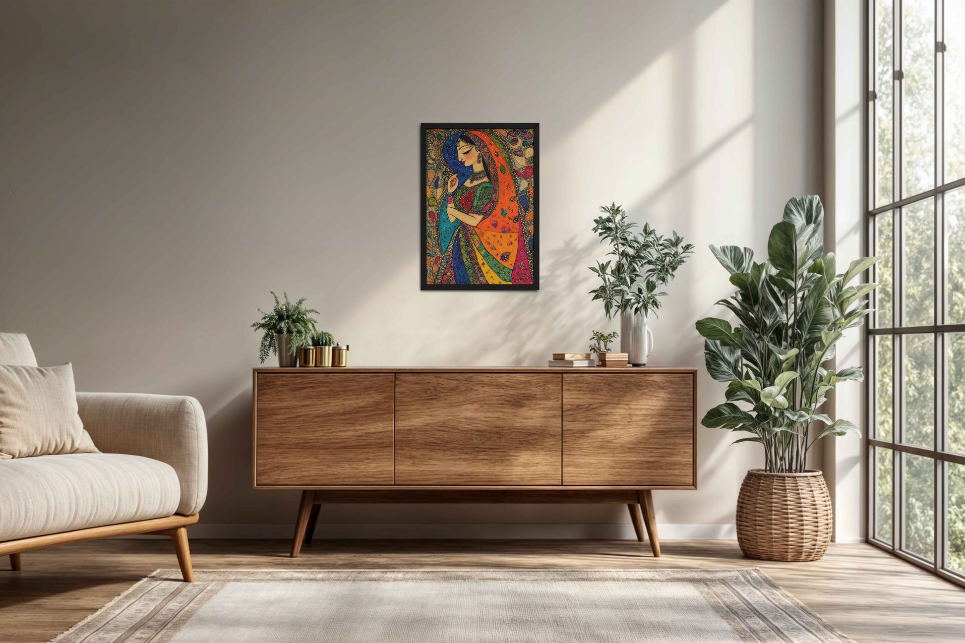 Living Room Cabinet Preview of Traditional Indian Woman – Madhubani Style Artwork in Black Color Frame