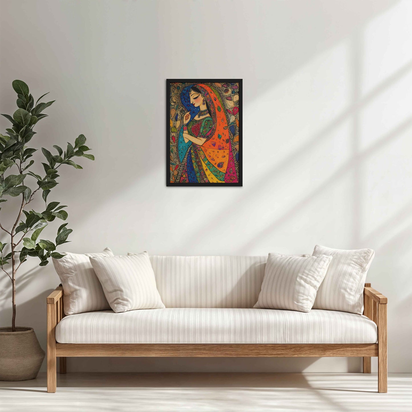 Living Room Cabinet Table Preview of Traditional Indian Woman – Madhubani Style Artwork in Black Color Frame