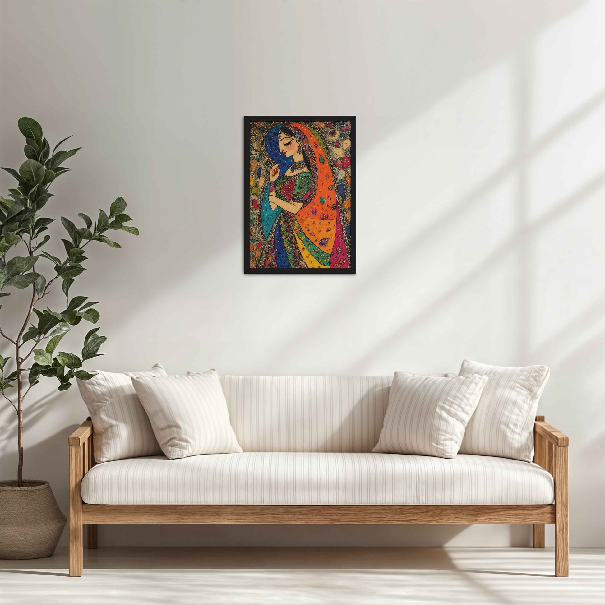 Living Room Cabinet Table Preview of Traditional Indian Woman – Madhubani Style Artwork in Black Color Frame