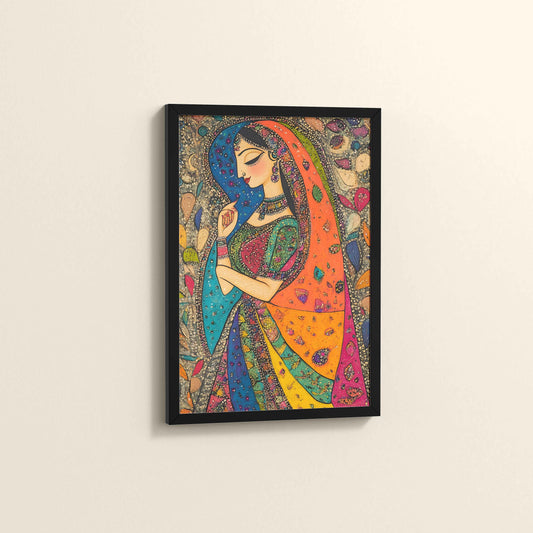 Side View of Traditional Indian Woman – Madhubani Style Artwork in Black Color Frame