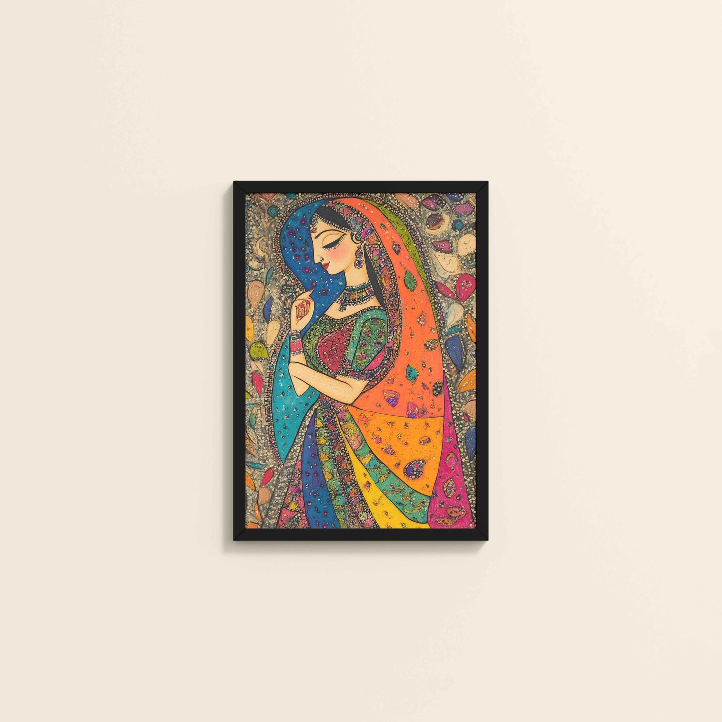 Wall View of Traditional Indian Woman – Madhubani Style Artwork in Black Color Frame