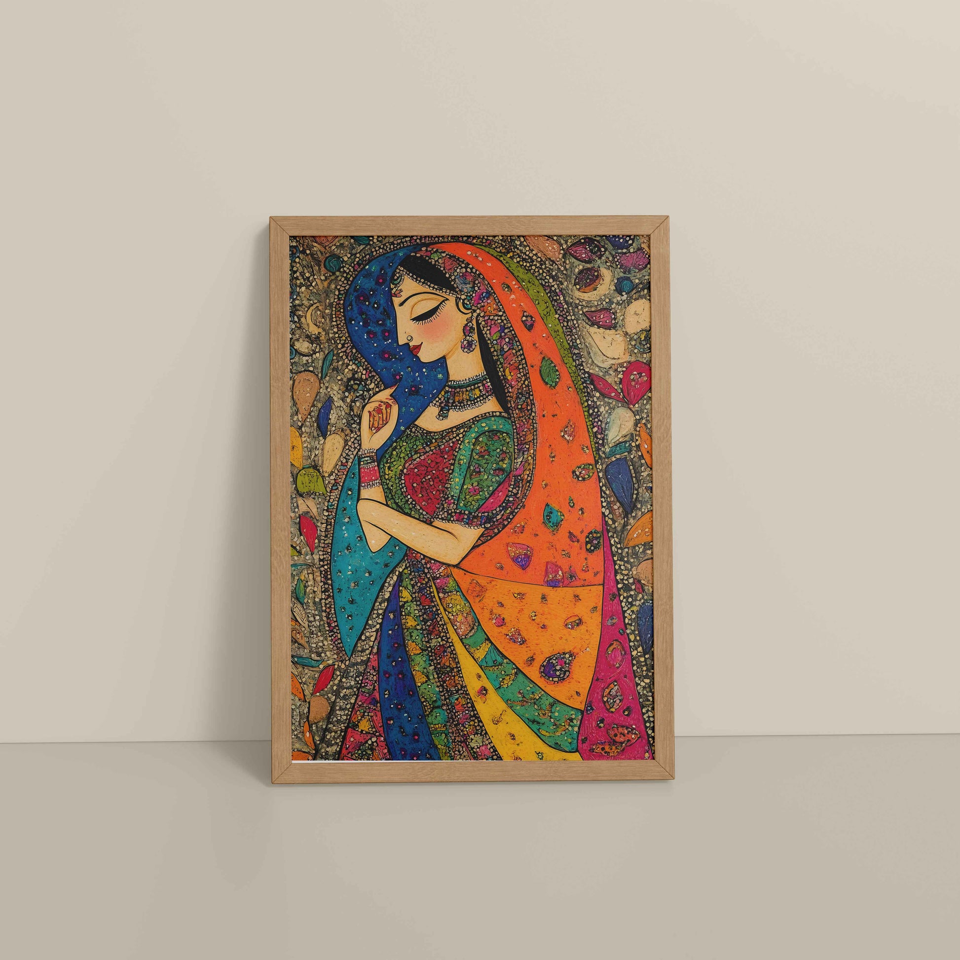 Floor View of Traditional Indian Woman – Madhubani Style Artwork in Natrual Color Frame