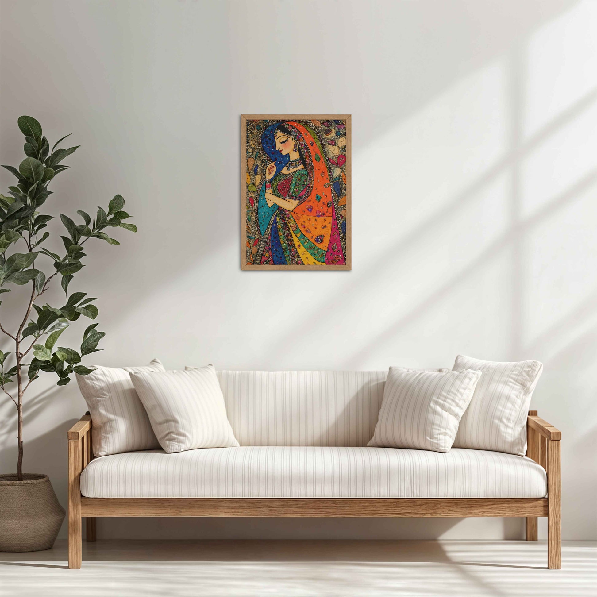 Living Room Cabinet Table Preview of Traditional Indian Woman – Madhubani Style Artwork in Natrual Color Frame