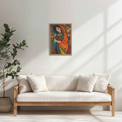 Living Room Cabinet Table Preview of Traditional Indian Woman – Madhubani Style Artwork in Natrual Color Frame