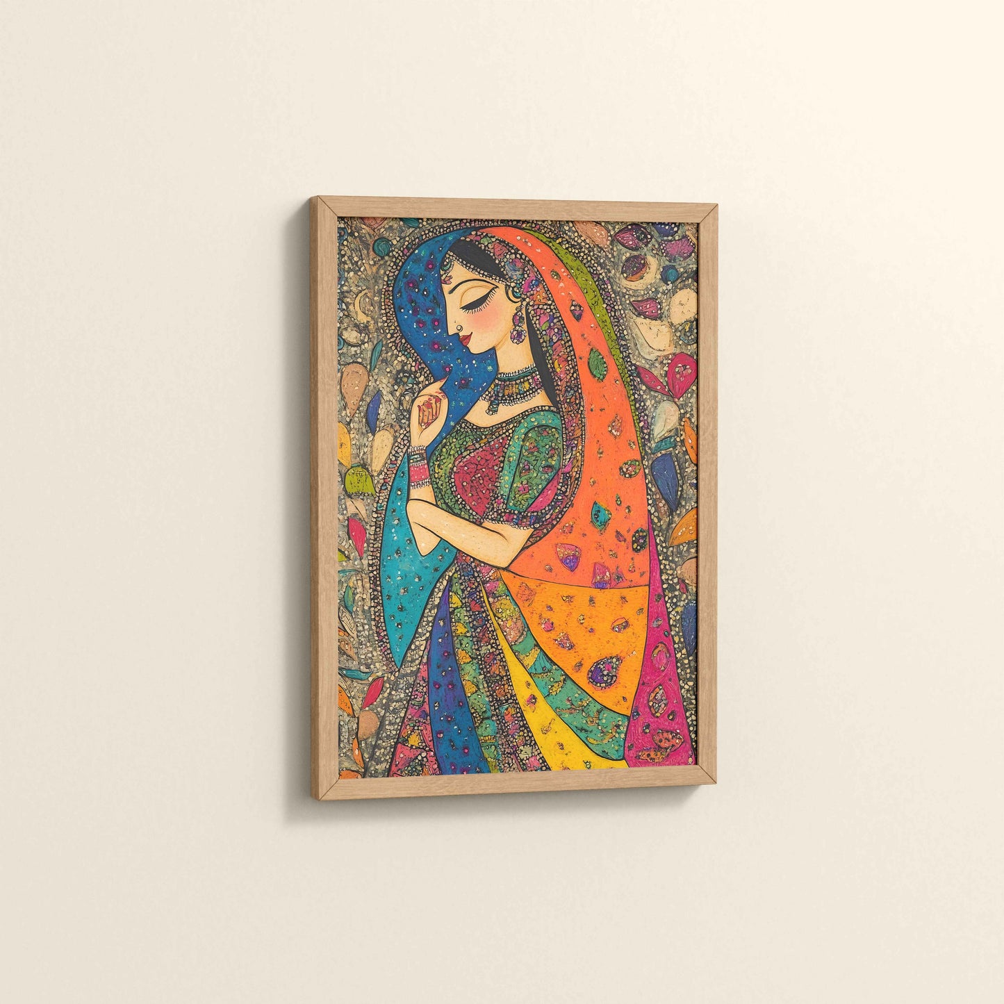 Side View of Traditional Indian Woman – Madhubani Style Artwork in Natrual Color Frame
