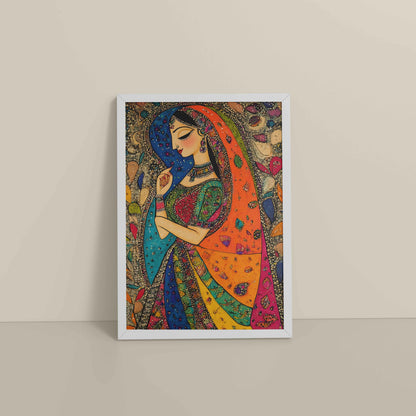 Floor View of Traditional Indian Woman – Madhubani Style Artwork in White Color Frame