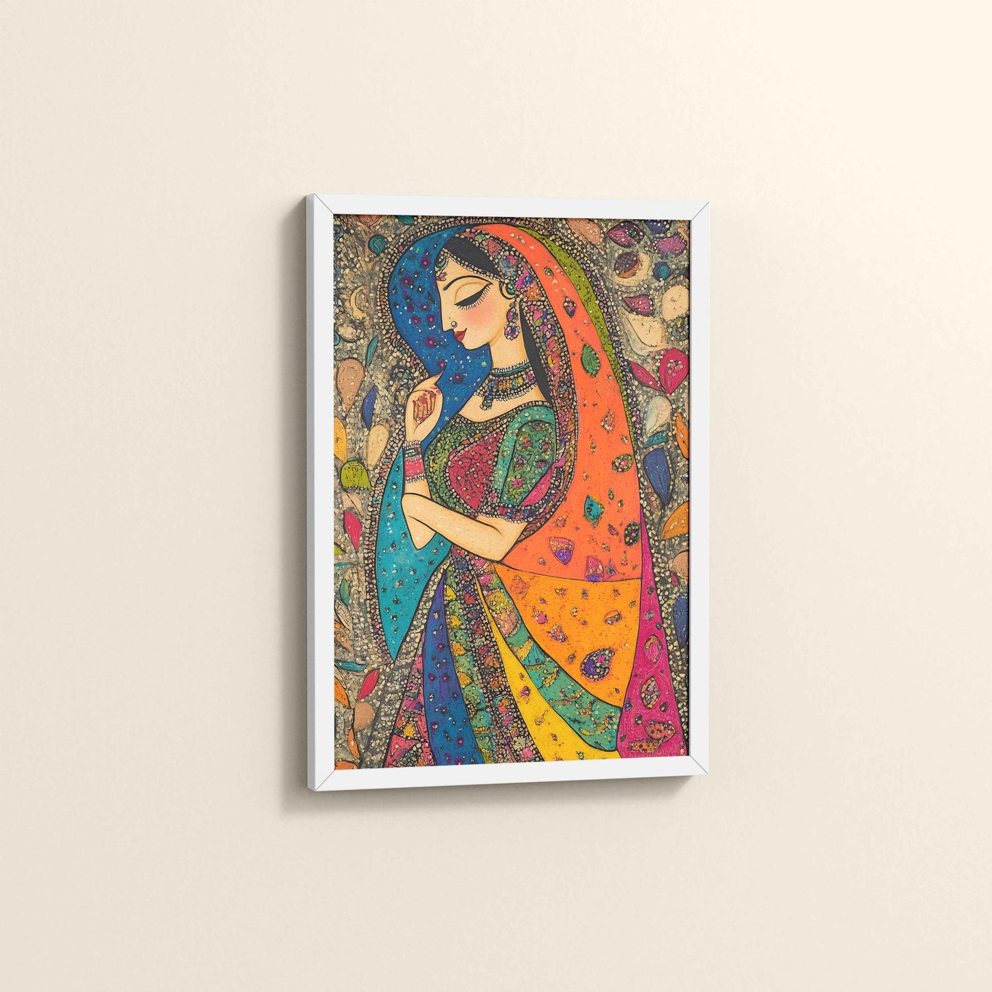 Side View of Traditional Indian Woman – Madhubani Style Artwork in White Color Frame
