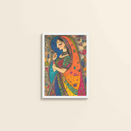 Wall View of Traditional Indian Woman – Madhubani Style Artwork in White Color Frame