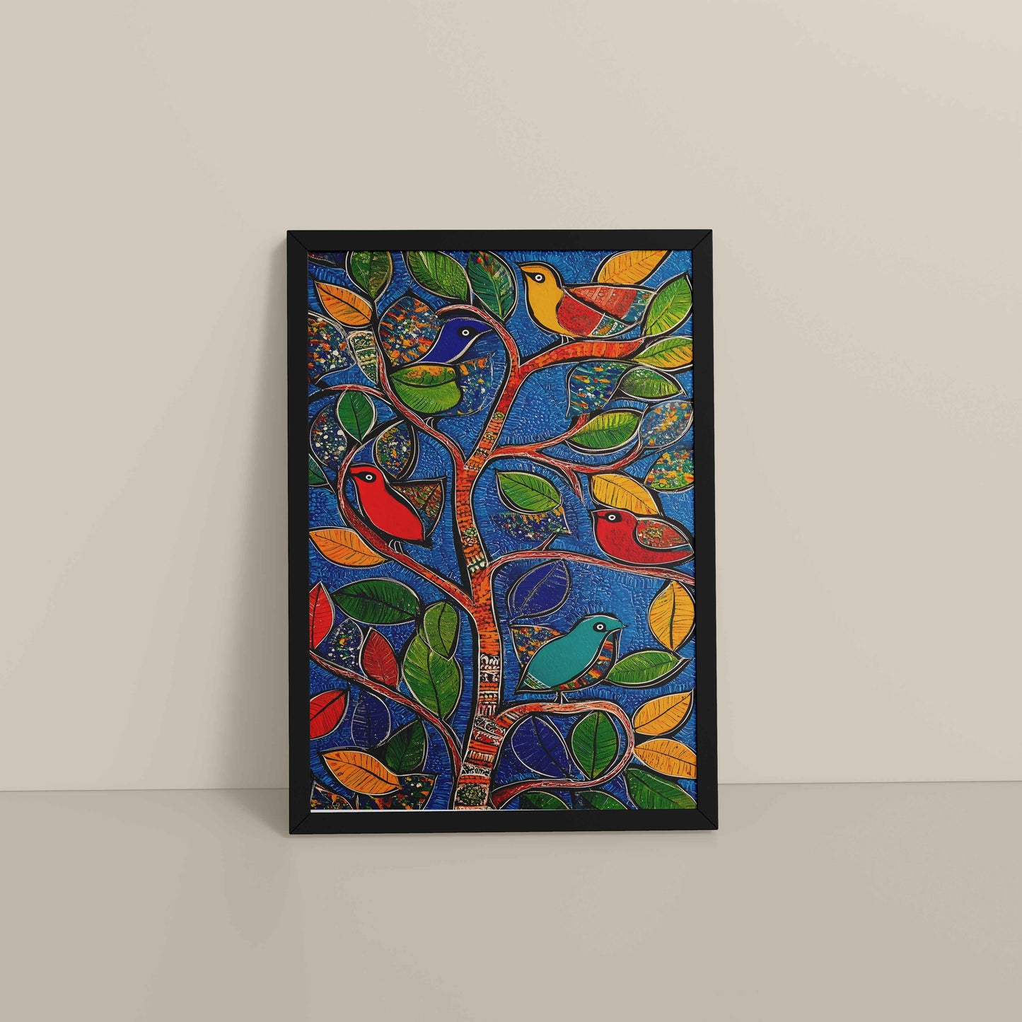 Floor View of Birds in a Tree – Decorative Madhubani Art Wall Frame in Black Color Frame