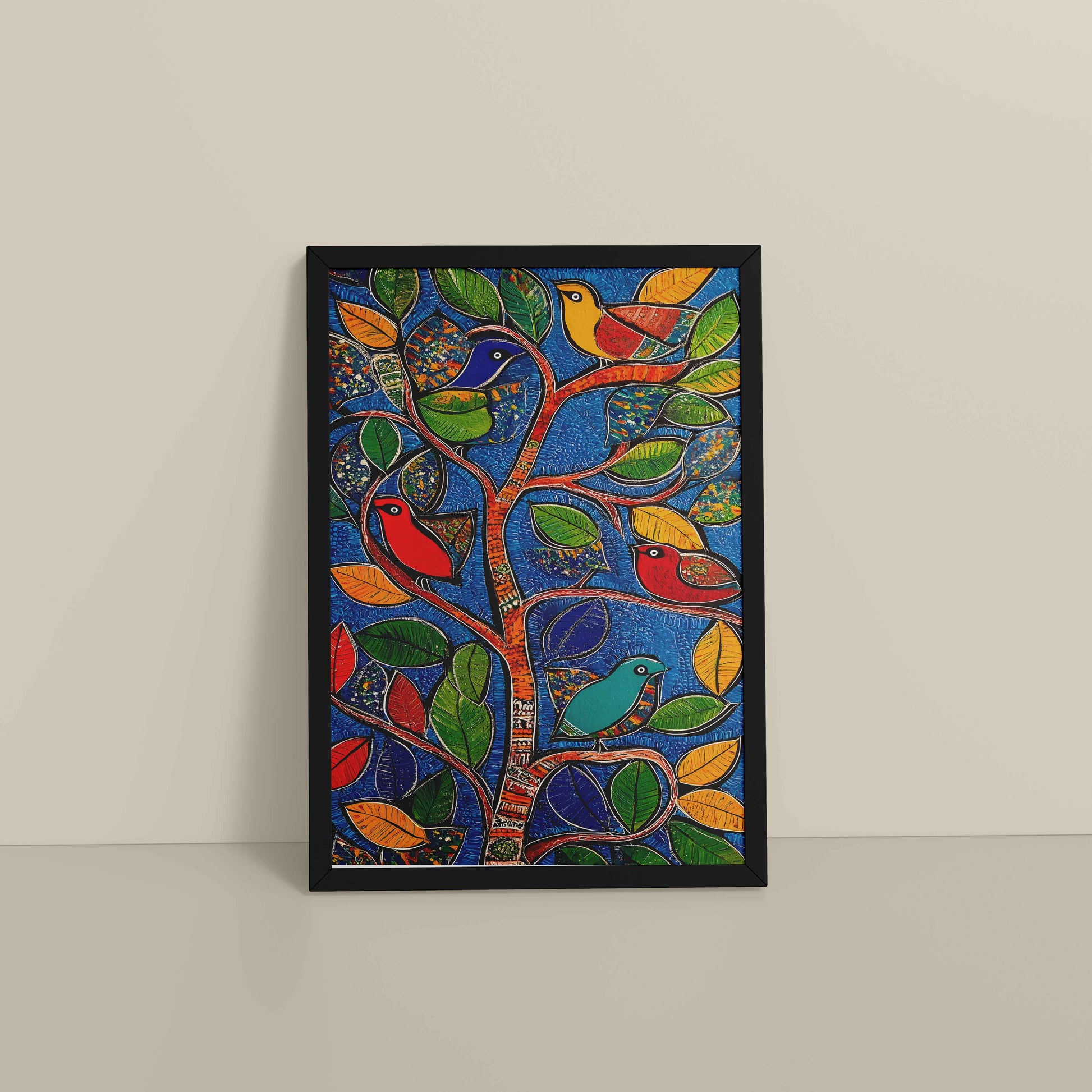 Floor View of Birds in a Tree – Decorative Madhubani Art Wall Frame in Black Color Frame
