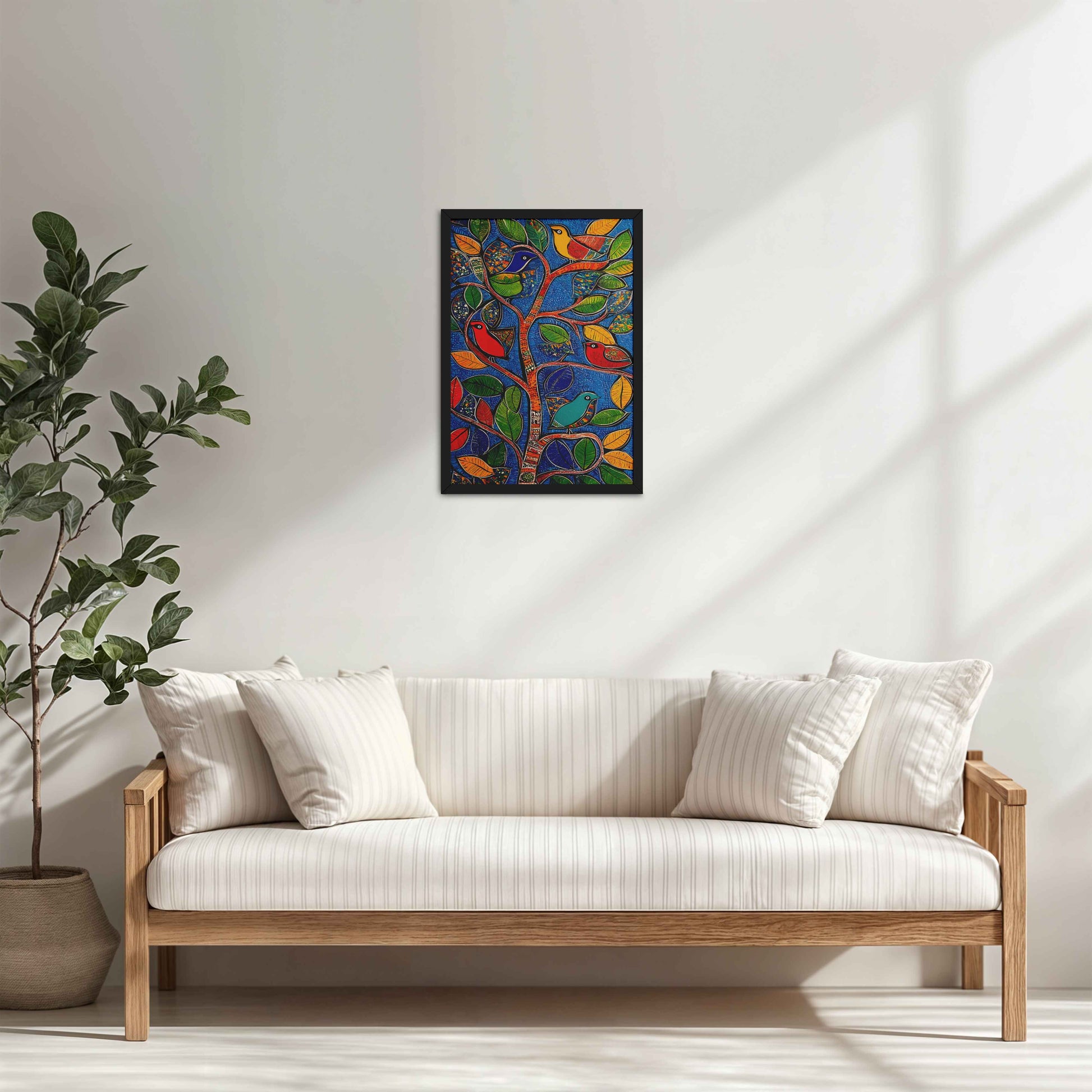Living Room Cabinet Table Preview of Birds in a Tree – Decorative Madhubani Art Wall Frame in Black Color Frame