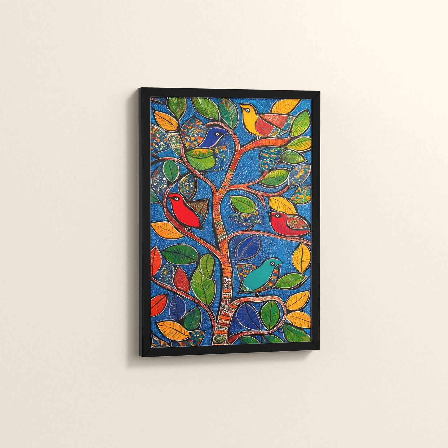 Side View of Birds in a Tree – Decorative Madhubani Art Wall Frame in Black Color Frame