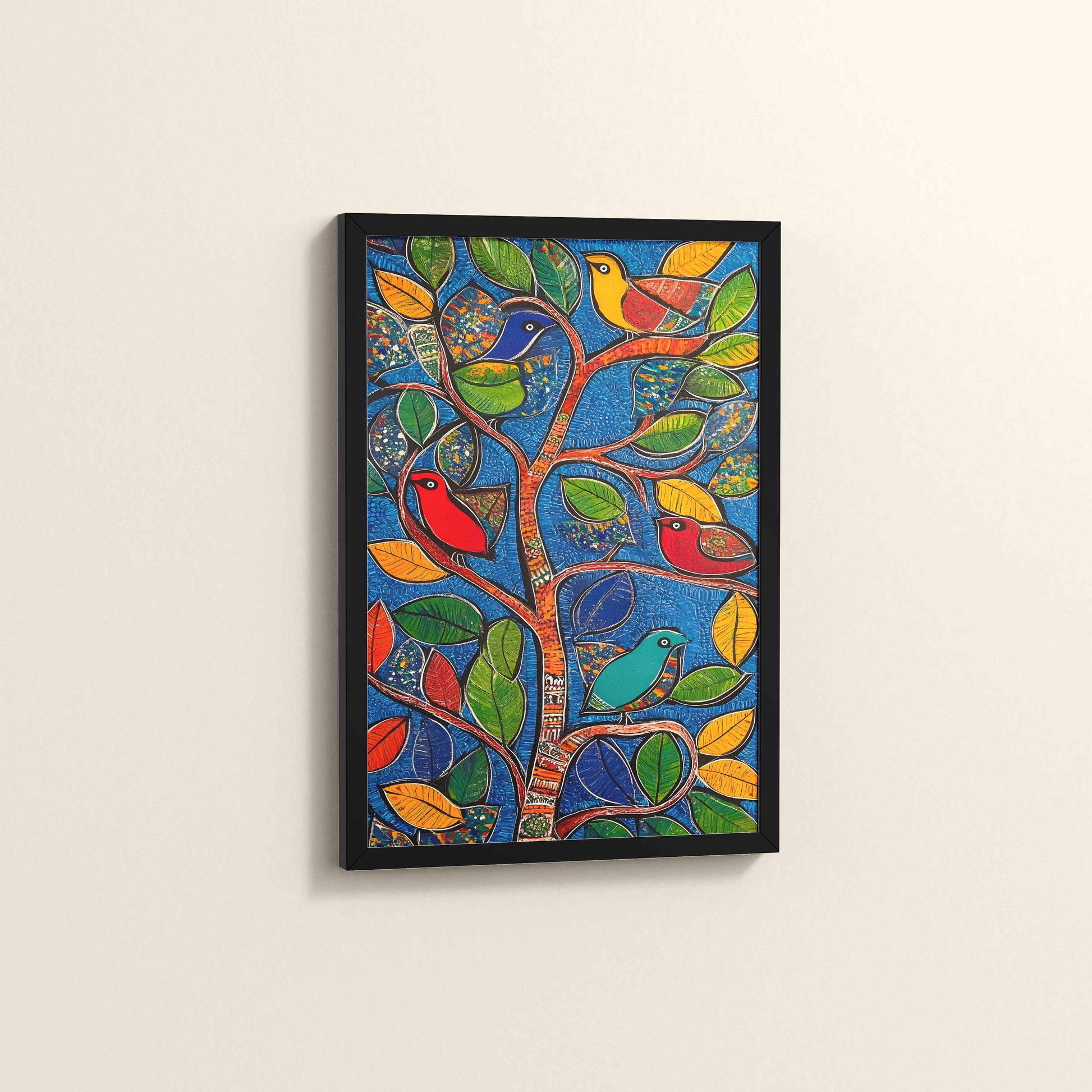 Side View of Birds in a Tree – Decorative Madhubani Art Wall Frame in Black Color Frame